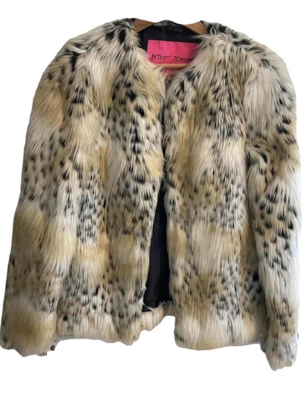 Betsey Johnson Cream, Black and Tan Faux Fur Leopard Jacket